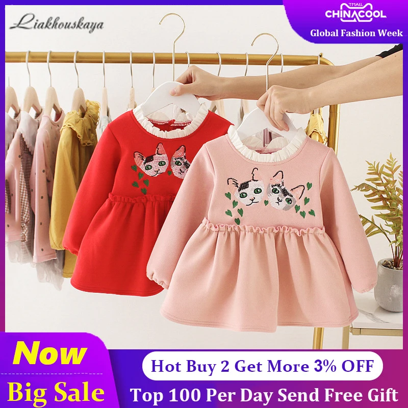 Милое Платье для девочек с кошкой новое зимнее детское платье красивая одежда