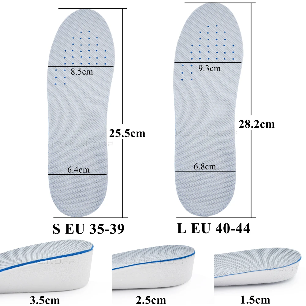KOTLIKOFF 1.5-3.5cm Height Increase Insoles Breathable High-Elastic Sport Sole Pad Heel Insert Taller Support Absorbant Foot Pad