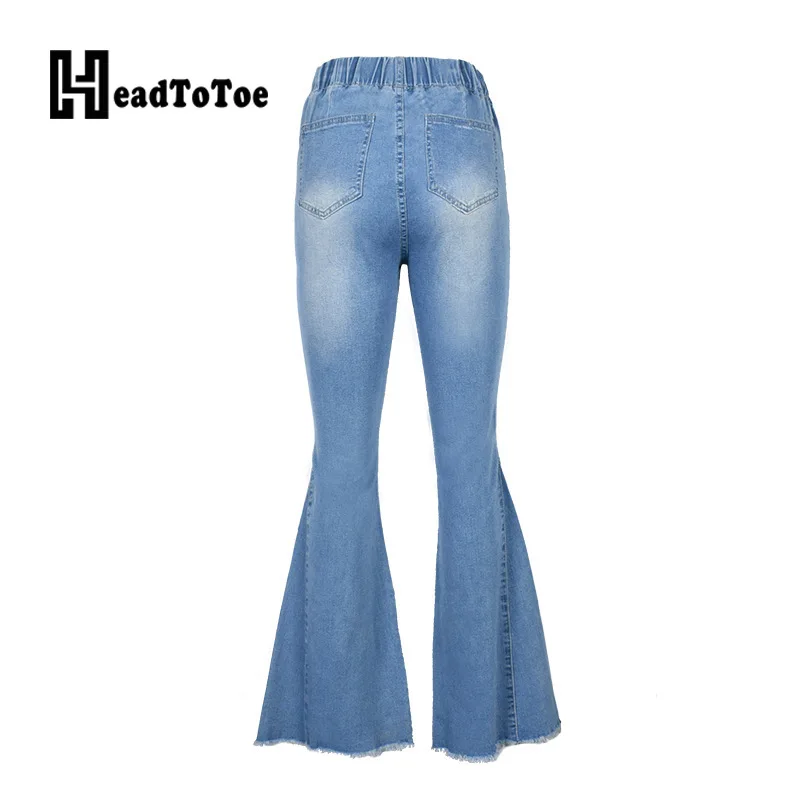 

Ripped Holes Elastic Waist Denim Flare Pants Women Tassel Bottom Casual Jeans