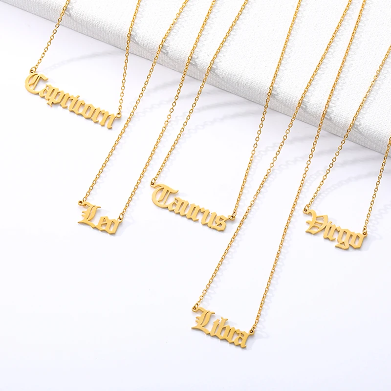 

Old English Zodiac Sign Necklaces For Women Men Gold Silver Color Stainless Steel Chain Constellations Pendant Necklace Jewelry