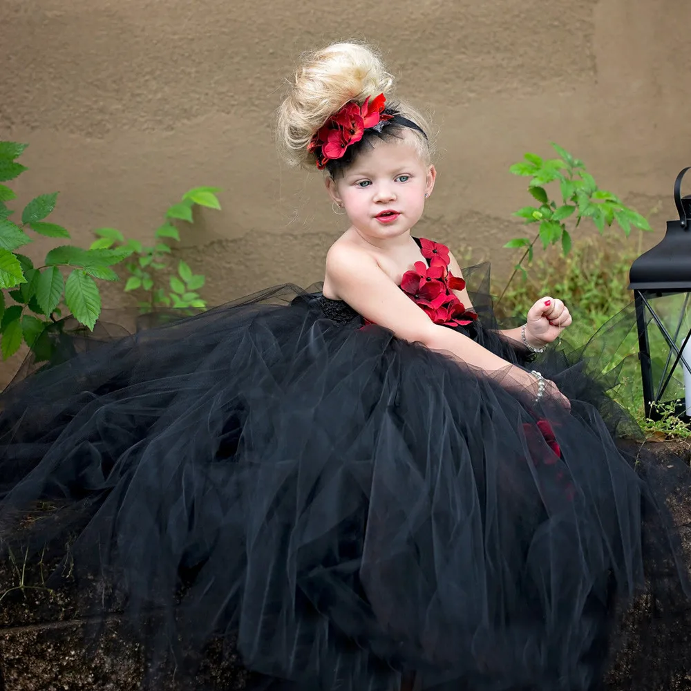 

Gorgeous Black Dress Flower Girls Dresses Kids Tulle Long Dress Princess Floral Evening Dress for Teen Girls Costume Tutu Dress