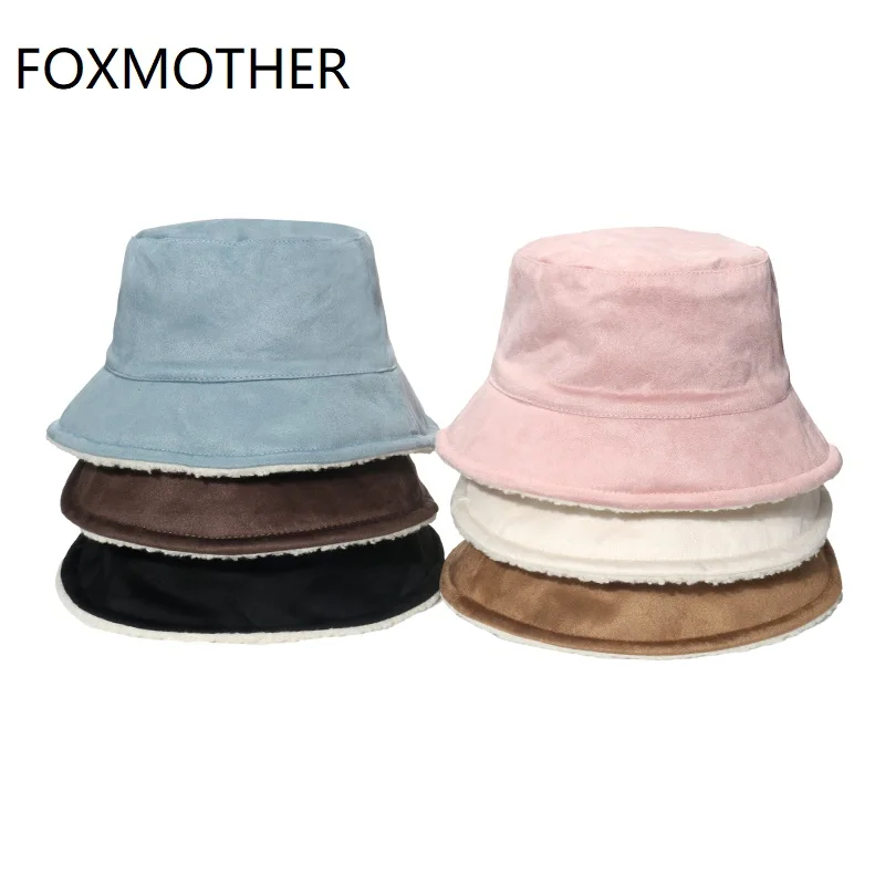 

FOXMOTHER New Black Solid Color Fishing Caps Panama Suede Faux Fur Thick Warm Plush Fleece Winter Bucket Hat Women Ladies