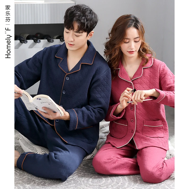 COUPLES Pajamas Male Spring and Autumn Thick Pure Cotton Long Sleeved Clothing Female Autumn and Winter Thin Type Quilted Sand