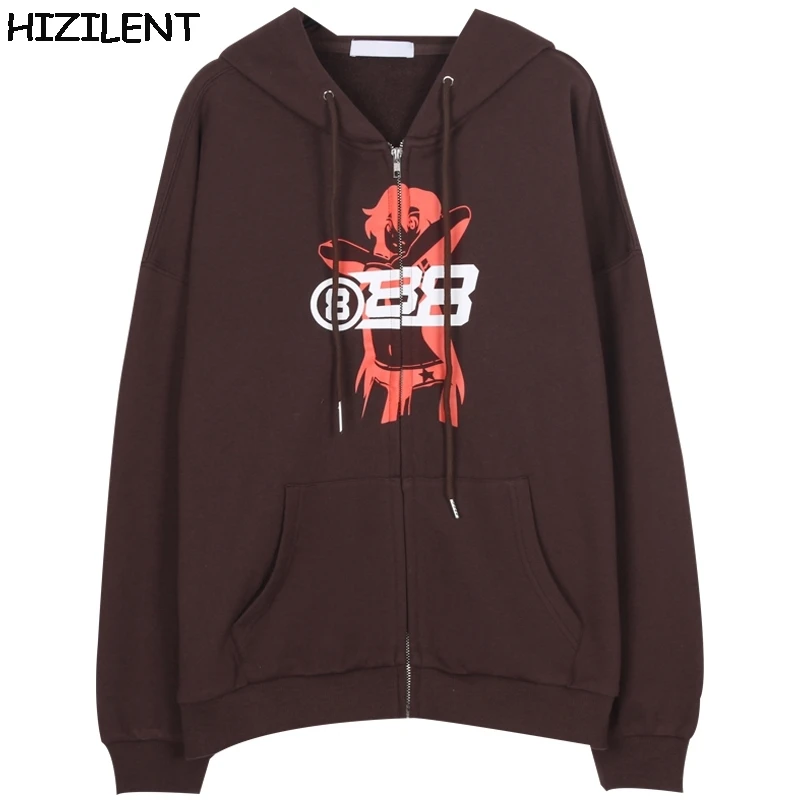 

zip-up Women Korean Style hoodies Vintage Solid brown Long Sleeve Oversized Hooded Sweatshirt Y2K Lady Women Casual Large Coats