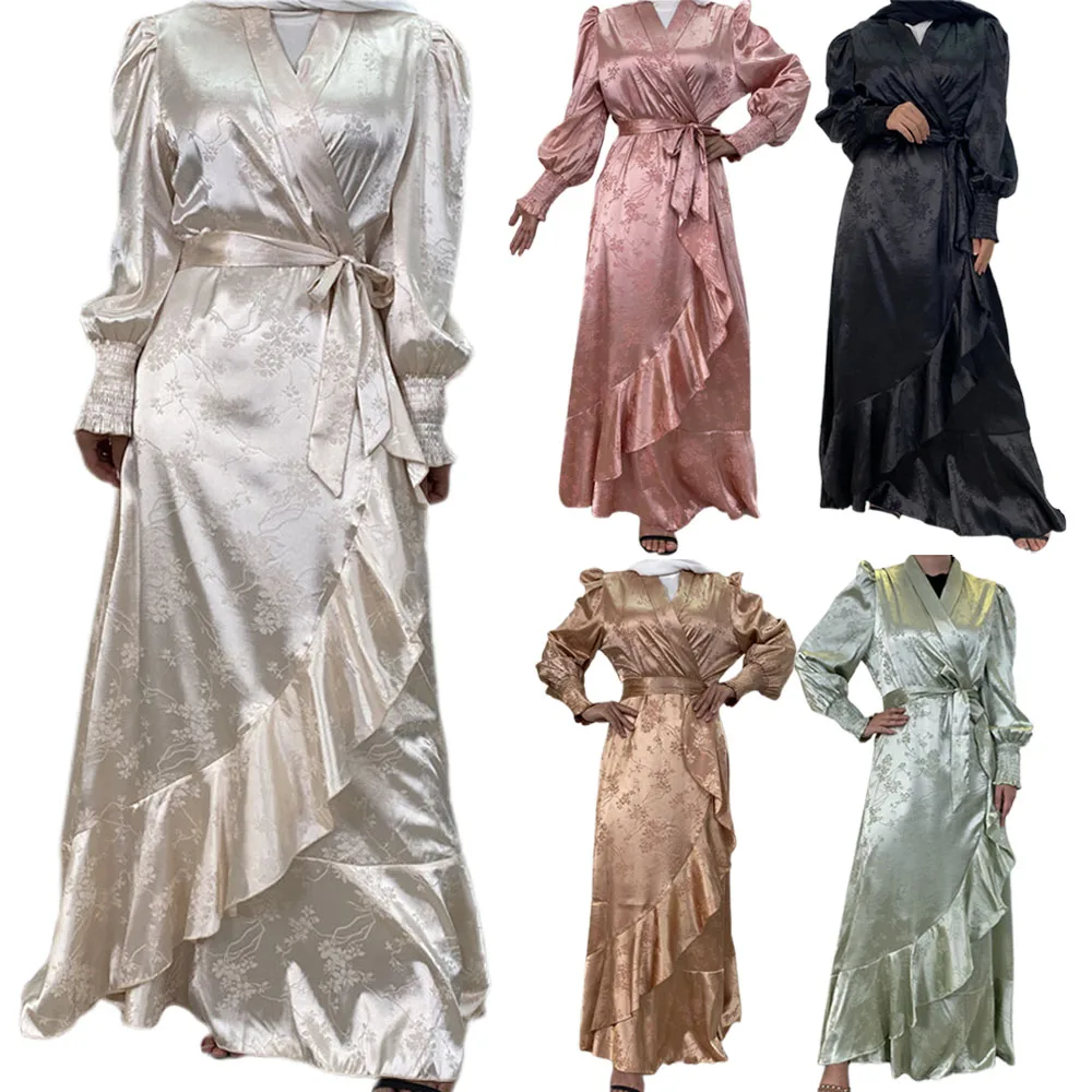 Женское платье-макси с длинным рукавом, атласное платье-абайя в мусульманском стиле