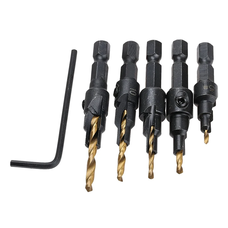 

5Pcs #5 #6 #8 #10 #12 HSS Countersink Drill Bit Set Quick Change Hex Shank Screw