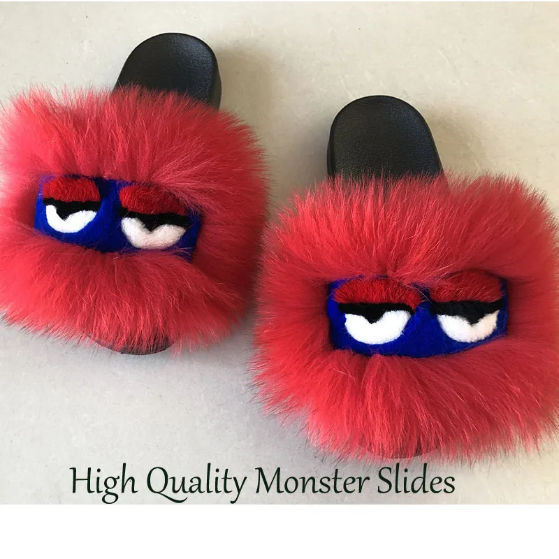 Женские зимние Роскошные шлепанцы с мехом монстра Милые женские тапочки лисьим