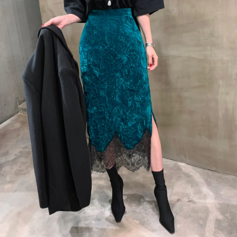 

lace patchwork split package hip skirt Spring autumn new fahsion velvet skirt women high waist