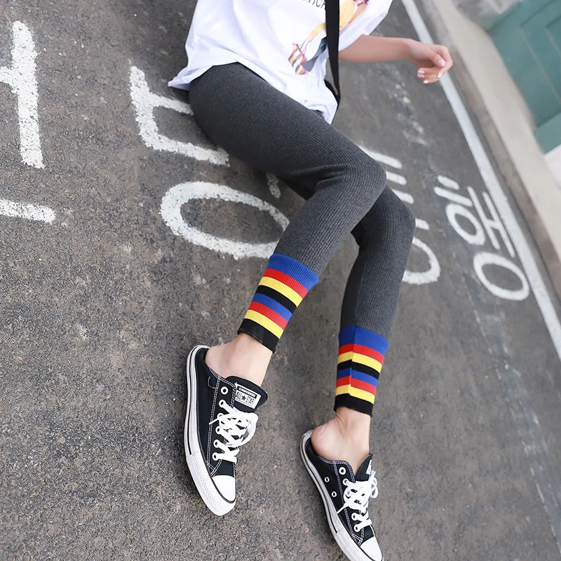 Spring and summer new rainbow splicing pants high waist trousers thread cotton leggings soft comfortable