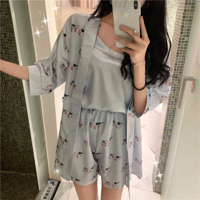 Женские пижамы с рисунком халат шорты на бретельках модные летние из трех