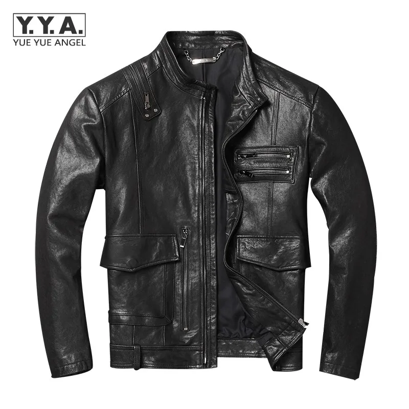 

Куртка-бомбер из натуральной овечьей кожи, с воротником-стойкой, в стиле панк, мотоциклетная, Мужская мотоциклетная куртка, M-4XL