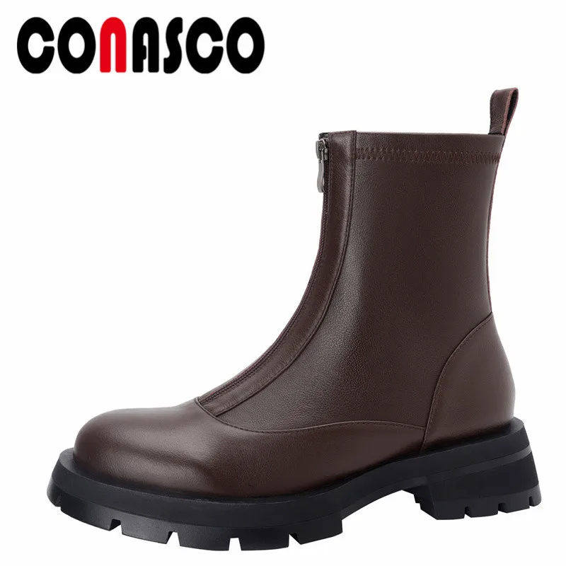 

CONASCO Brand Concise Motorcycle Women Short Boots Autumn Winter Warm Cow Leather Casual Prom Office Working Punk Shoes Woman