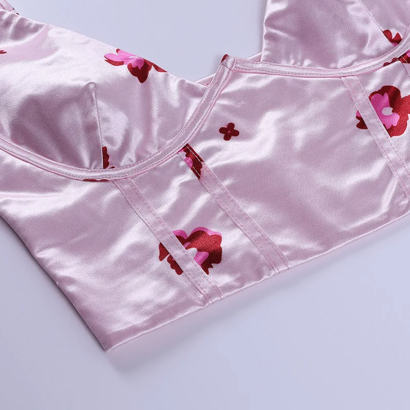 

2021 New Satin Corset Tops Women Wrap V Neck Floral Tanks Camis Sexy Bustier Summer Tube Crop Tops Festival Outfit