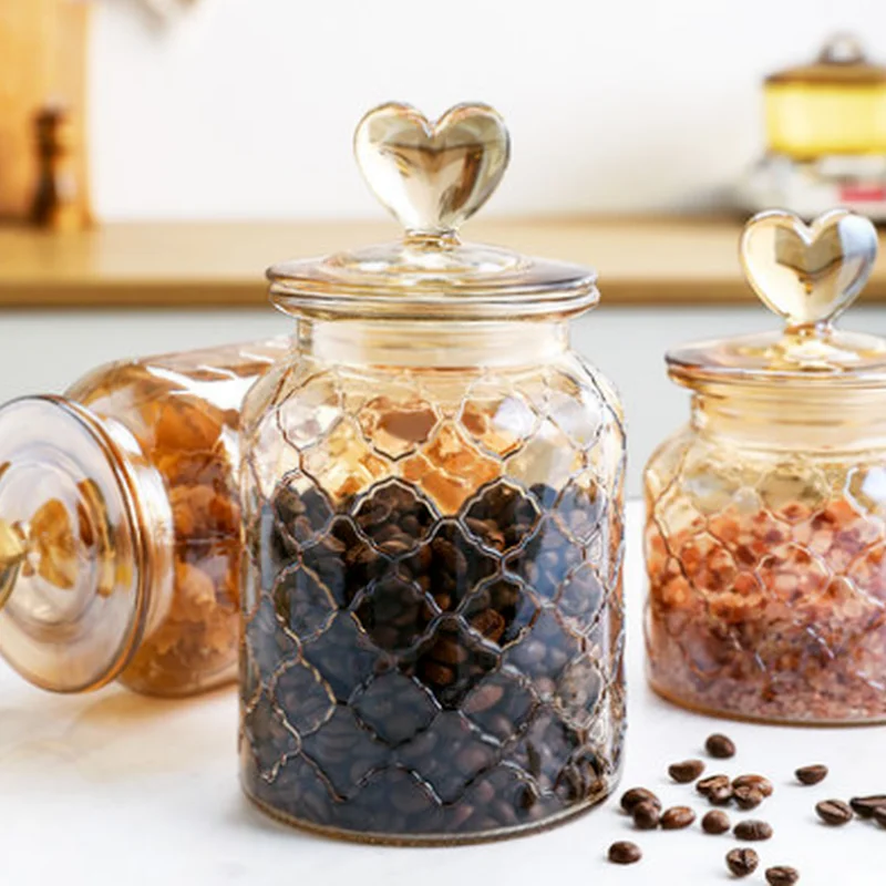 

Amber Glass Sealed Jar Storage Bottle Large-capacity Transparent Heart-shaped Lid Coffee Bean Dried Fruit Storage Kitchen Tools