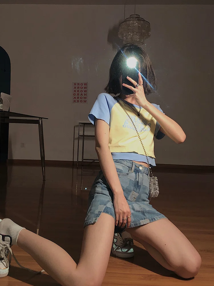 Женская футболка с коротким рукавом облегающий топ открытым пупком для девушек