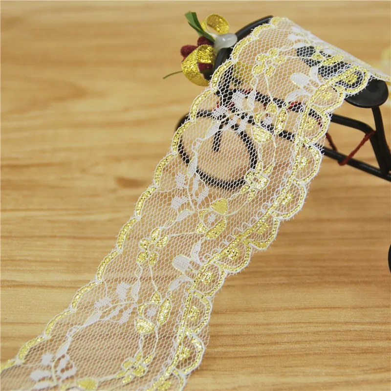 Tela de encaje de poli&eacute;ster, accesorios de costura, cinta de decoraci&oacute;n para vestido de novia, suministros de artesan&iacute;a, oro y plata, 50mm, 50 yardas, L213-2