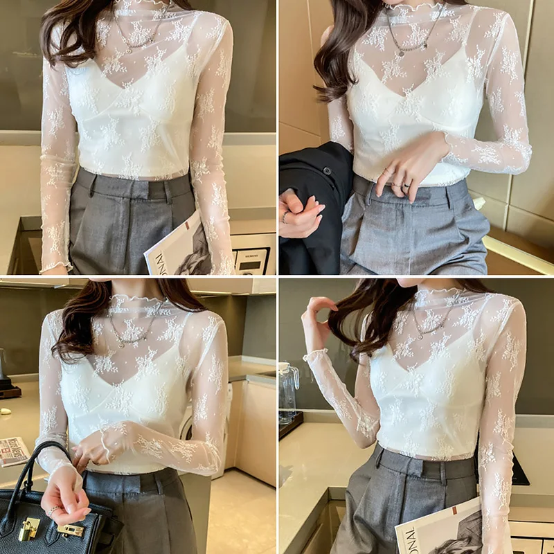 Женская прозрачная Сетчатая футболка Базовый Топ с длинным рукавом и ложным