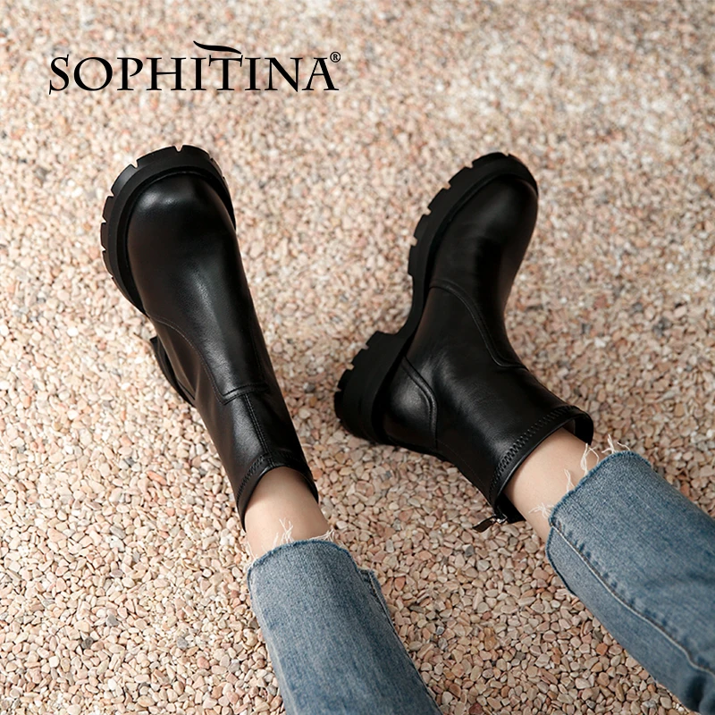 

SOPHITINA Ankle Boots Women Stretch Trend All-Match Non-Slip Premium Leather Boots Zipper Flat Platform Fashion Women Shoes YO93