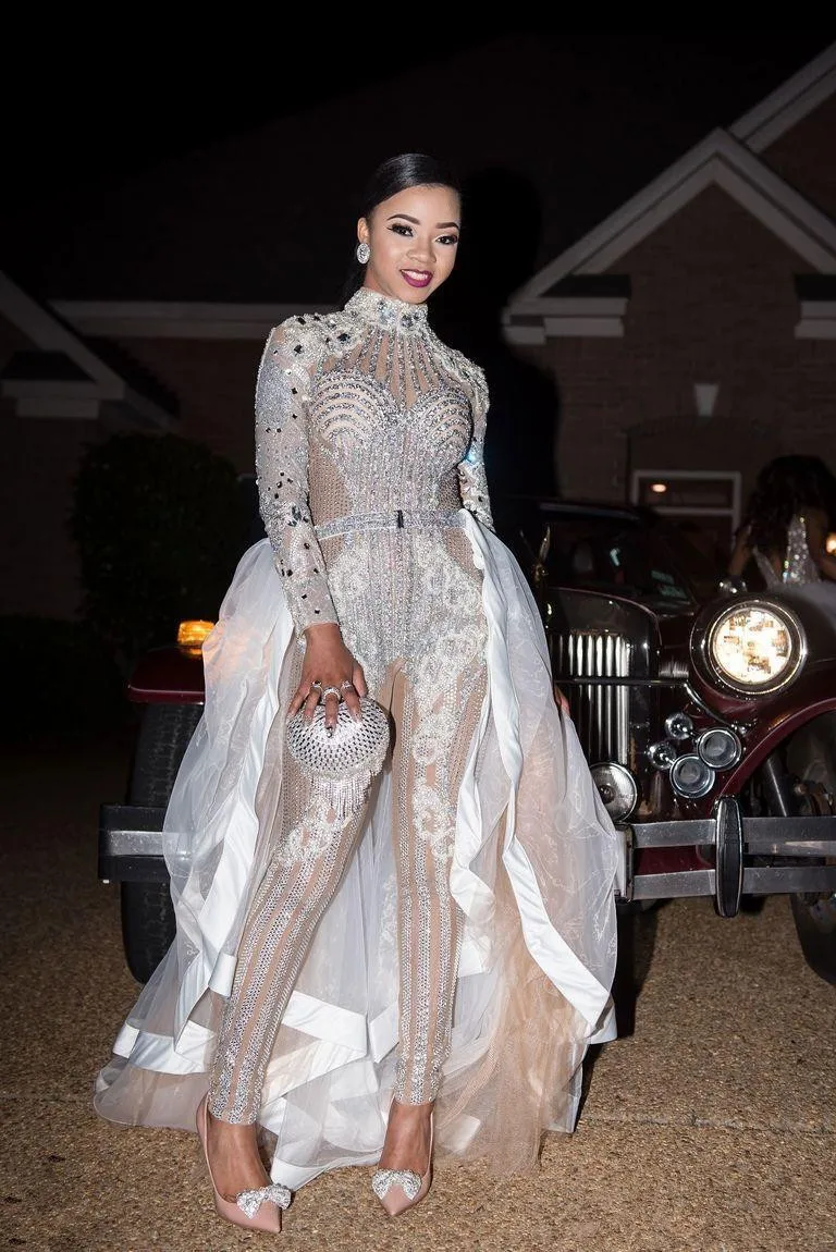 Sparkly See Through Jumpsuits Prom Dresses with Detachable Skirt High Neck Long Sleeve Crystal Sequins Bling Sexy Party Gowns