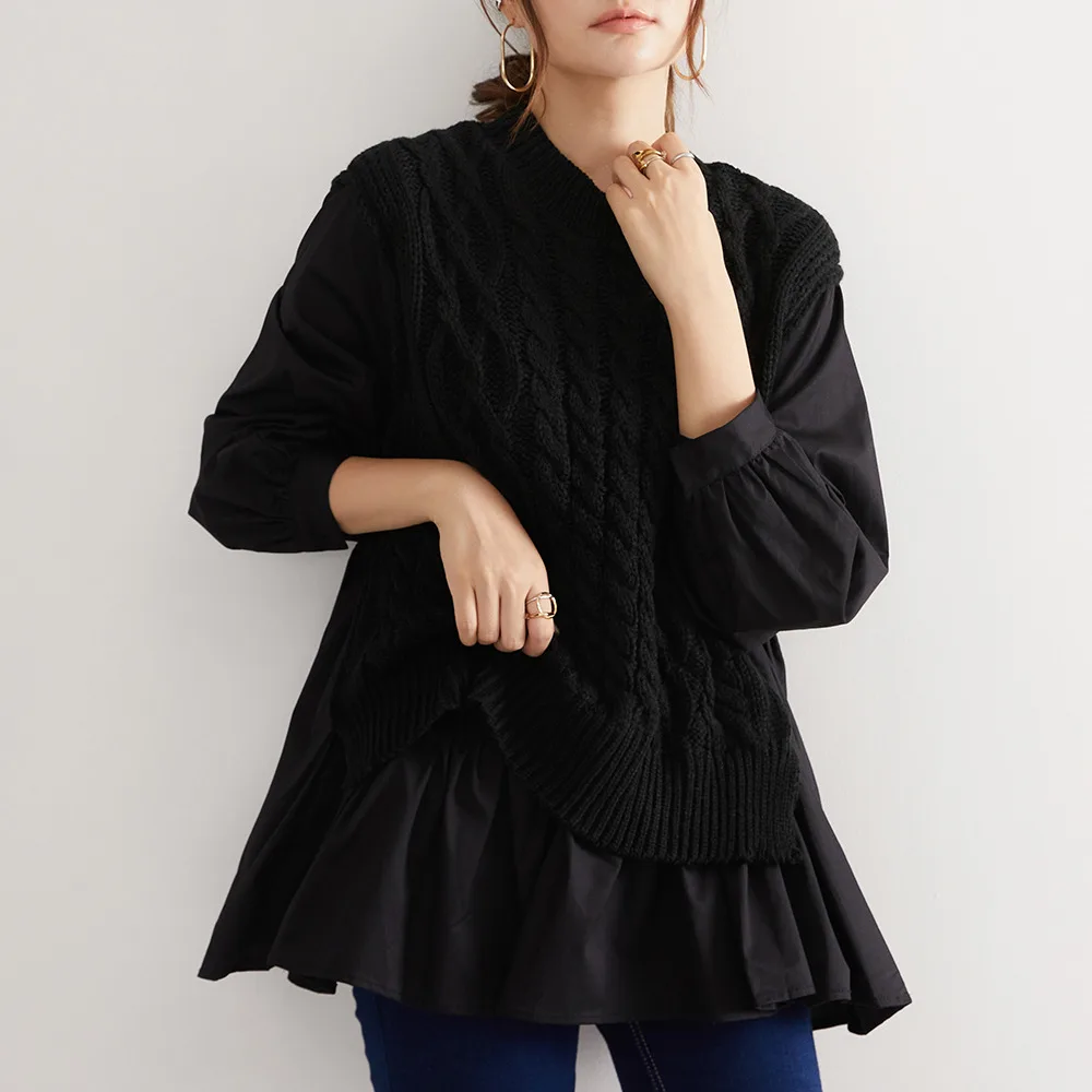 

2021 New Sweater For Women Fake Two Pieces Of Tops Splicing Elements Casual Fashion Knitted Top Clothing Solid Color Long Sleeve