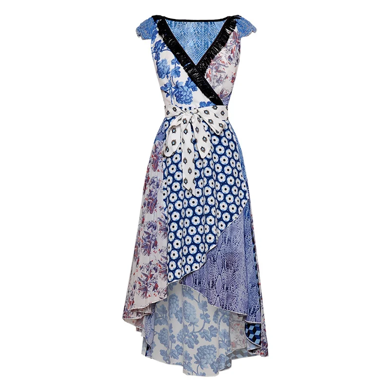 VERDEJULIAY Runway Summer Dress Women Luxury New Fashion Patchwork Dot Flower Print V-Neck Irregular Sexy Dress Vestidos