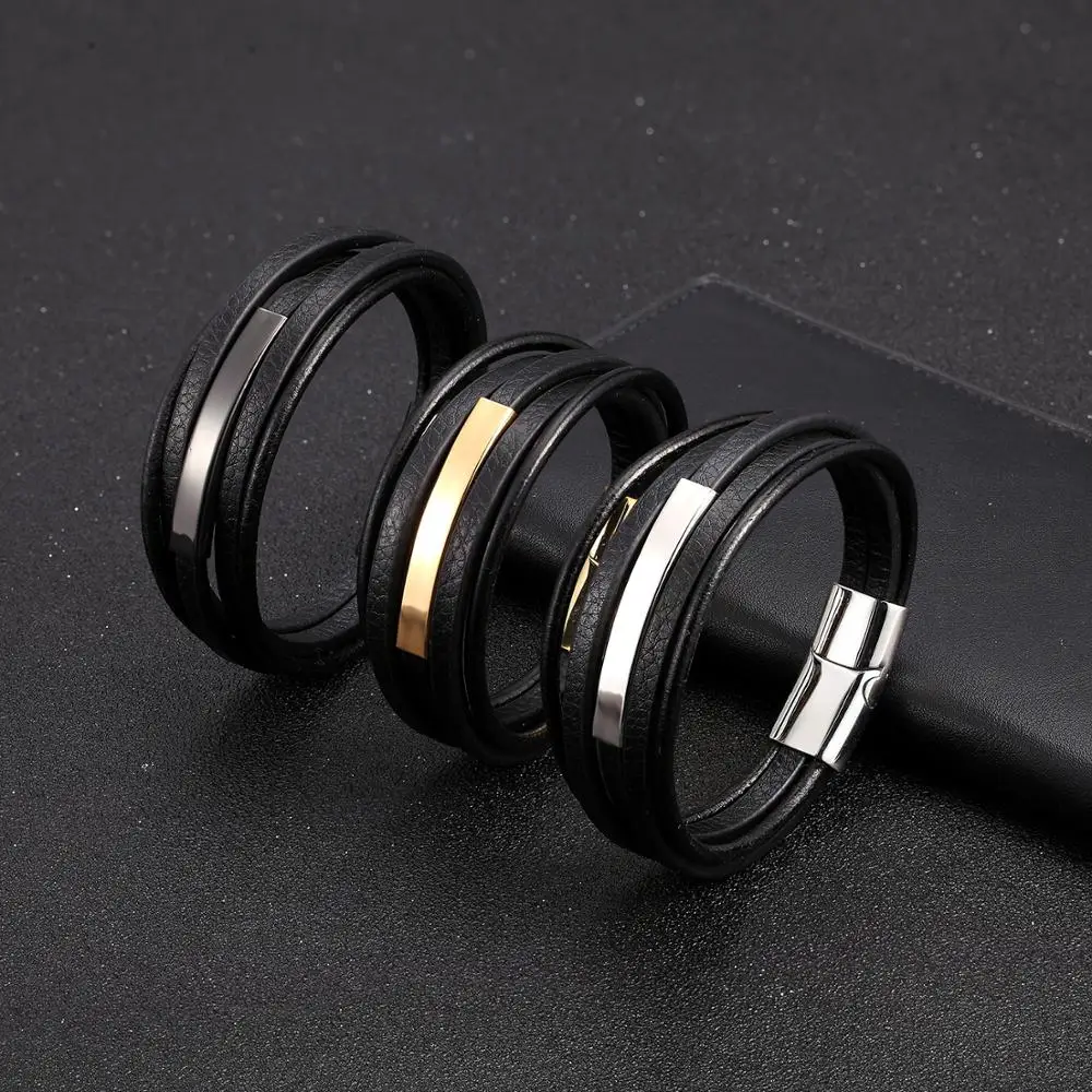 

Мужской Многослойный кожаный браслет, из нержавеющей стали