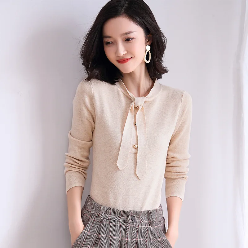 

Женский шерстяной пуловер, вязаный пуловер с длинным рукавом, с бантом, Осень-зима, 2019