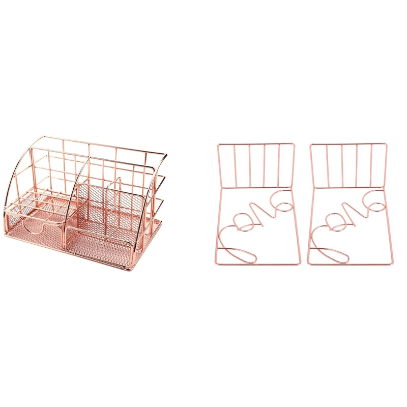 

Rose Gold Ladies Desktop Storage Box, Multi-Purpose Storage Box with 2Pcs Creative Love Shaped Desk Storage Holder
