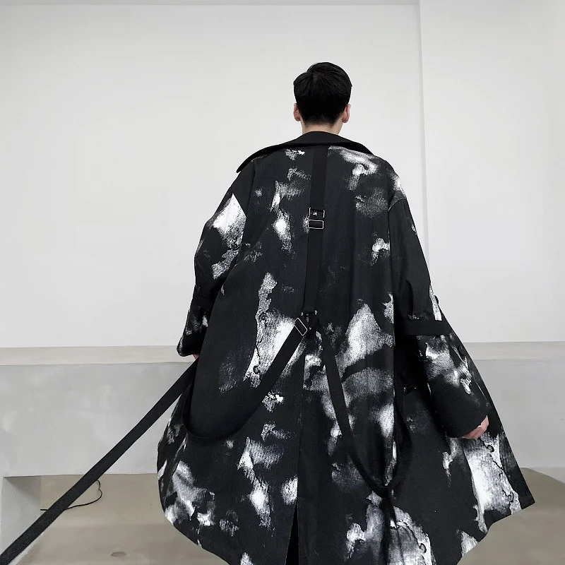 

Mens Graffiti Long Trench Coat Jacket Ribbons Punk Jacket Men Harajuku 2021 Black Turn-Down Collar Techwear Long Jacket Overcoat