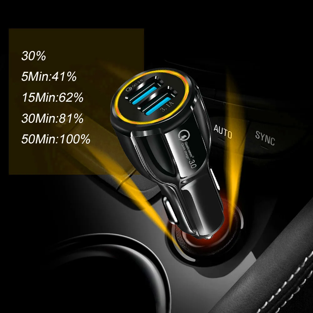 Фото Автомобильное зарядное устройство QC3.0 с двумя usb-портами для быстрой зарядки мини Автомобильное зарядное устройство QC3.0 с двумя usb-портами для быстрой зарядки мини