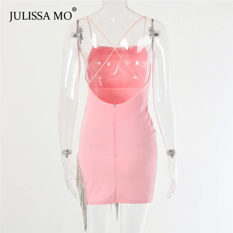 Julissa mo Новые Вечерние платья с блестящими бриллиантами, женское сексуальное облегающее платье на тонких бретелях, модное мини-платье с кисточками и подолом белого цвета