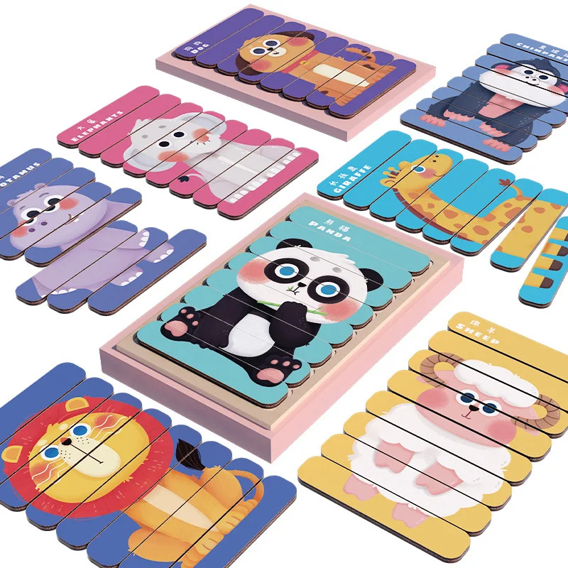 

Kawaii 10 Animals Pattern Wooden Strips Puzzles Baby Bricks Toy Montessori Materials Educational Toys For Children Learning Toy