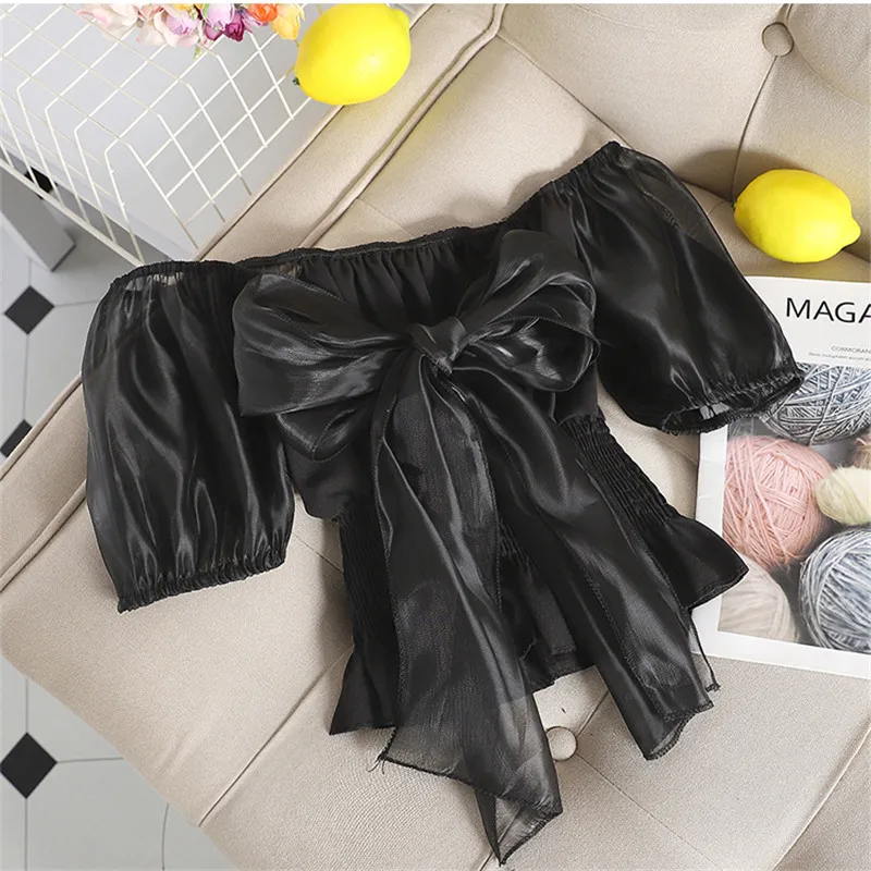 Летняя Осенняя женская шифоновая рубашка с воротником-лодочкой милый галстук