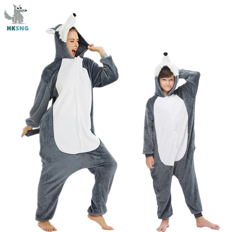 Фланелевая 3D серая Пижама для взрослых Kigurumi Wolf пижама с героями мультфильмов