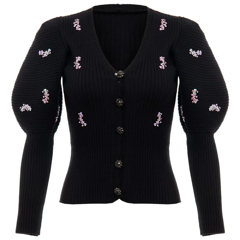 

Sequins floral diamonds sweater women V-neck Puff sleeve slim Pullover knitted sweaters 2020 autumn and winter casual modis tops