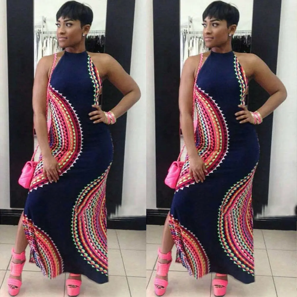 Новое модное женское платье с лямкой на шее вечернее без рукавов длинное принтом