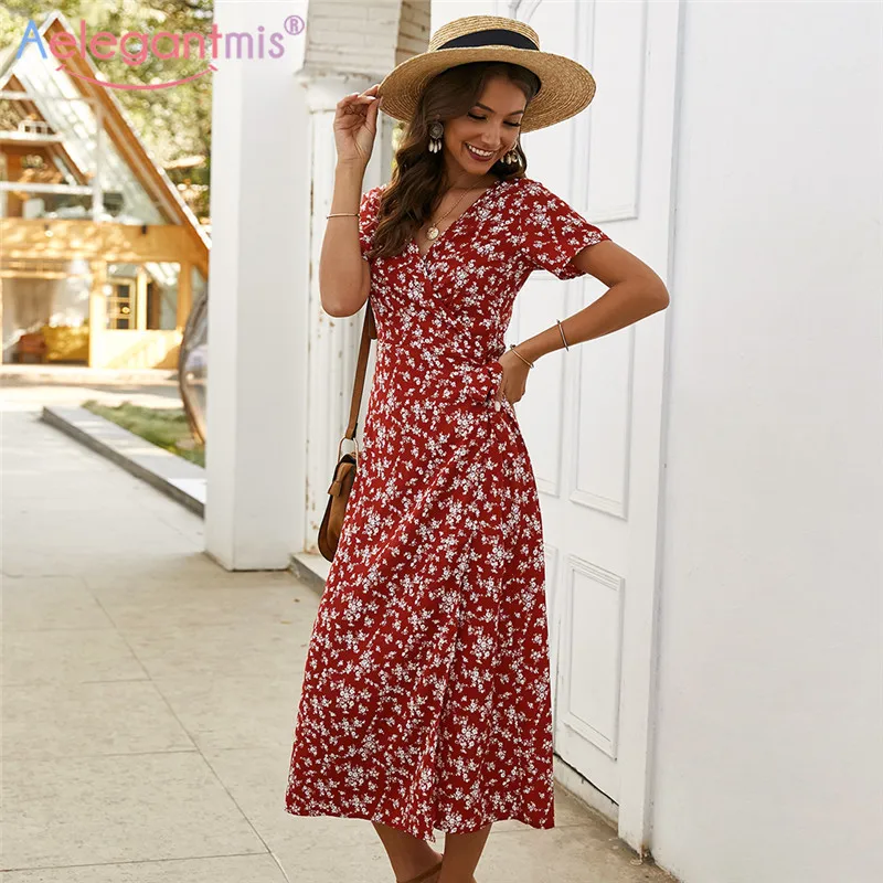 Женское длинное платье Aelegantmis весеннее пляжное с v образным вырезом цветочным