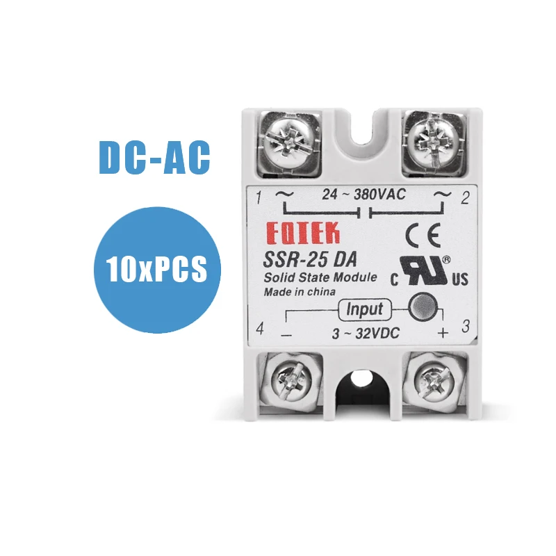 

10PCS Solid State Module Relay SSR 25DA 25A Single Phase 3-32V 12V DC To 24-380V 220V AC For Temperature Controller