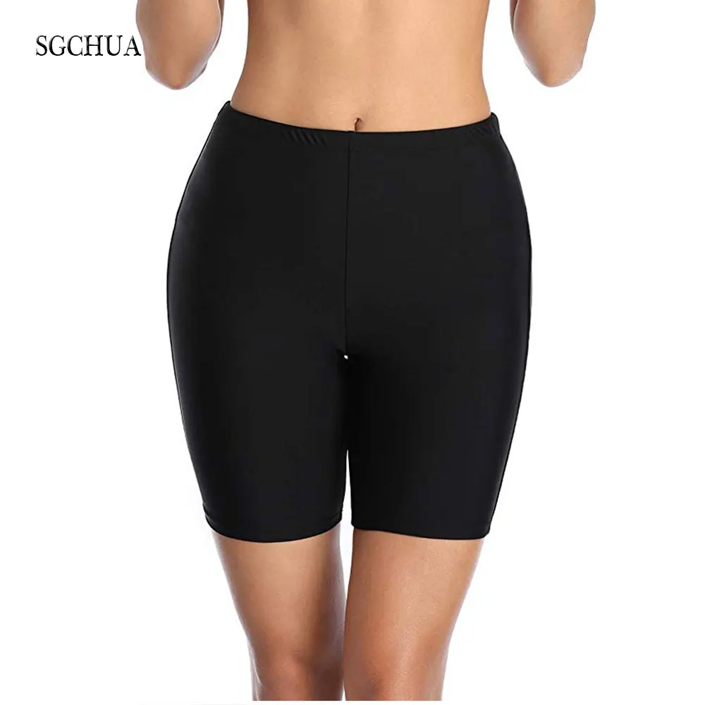 

SGCHUA New Plus Size XXL Women's Swimming Trunks Solid Black Bikini Bottom Boxer Swim Short Panties May Beach Bather Briefs