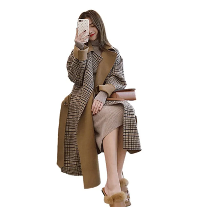Winter Wool Coat Women 2019 Large Size Long Sleeve Hepburn Loose Woolen Outwear Fashion Plaid OverCoat | Женская одежда