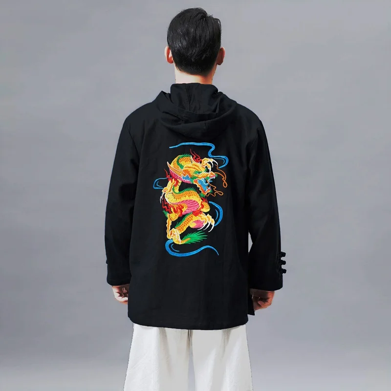 Мужское длинное кимоно с вышивкой дракона черное хлопковое Свободное пальто