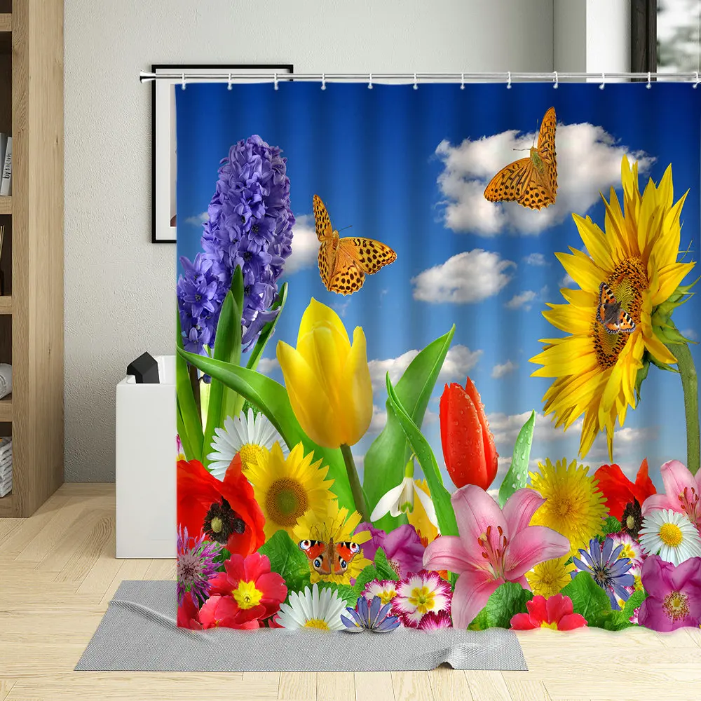 

Garden Flowers Shower Curtain Sunflower Tulip Lily Orchid Rose Butterfly Spring Plants Landscape Bathroom Bathtub Curtains Sets