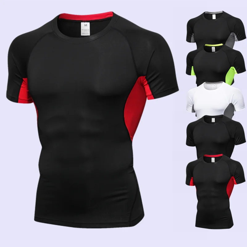 Мужские спортивные футболки для бега, колготки для занятий фитнесом, компрессионная облегающая футболка, мужские черные футболки для бега, ...