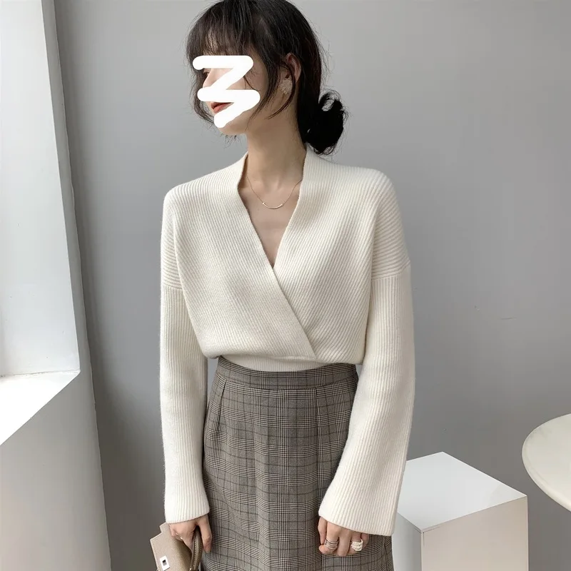 

sweater short sleeve sexy kintted tops famale autumn Cross V-neck slim fit long sleeve women's outwear lightweight