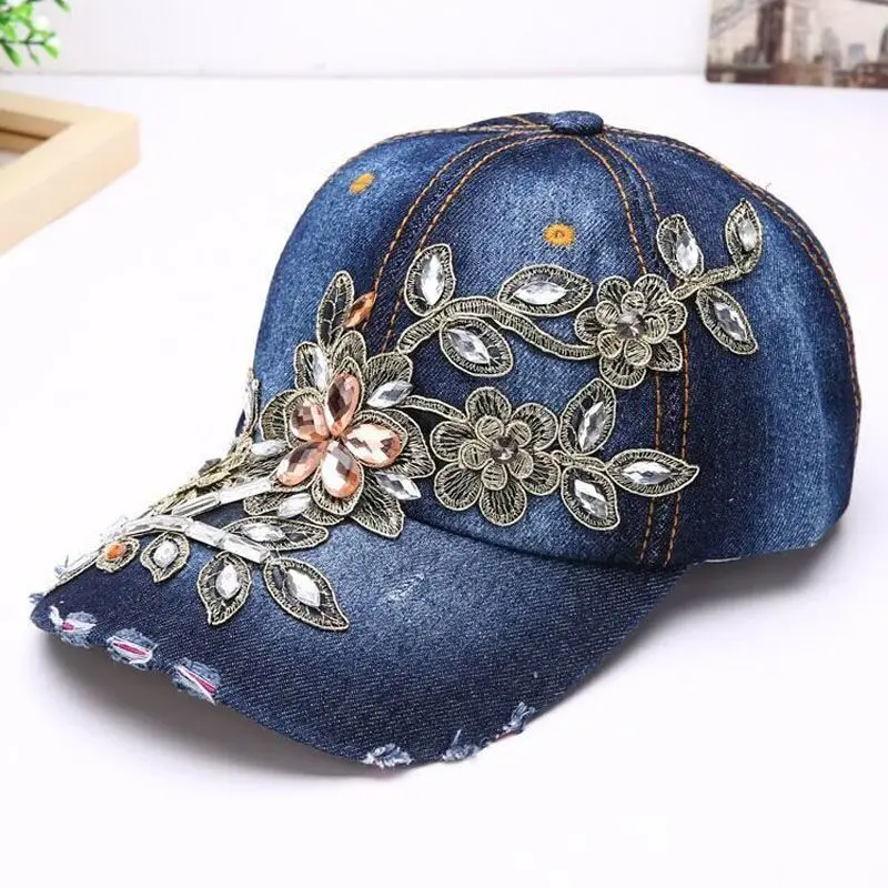 Women's Baseball Cap Diamond Painting Embroidery Flower Denim Snapback Hats Jeans Woman Female Cap Cowboy Summer Sun Hat