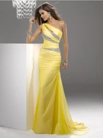 hot free shipping one shoulder sleeveless sheath chiffon yellow sexy women evening dress 2015 long prom party gowns zm602