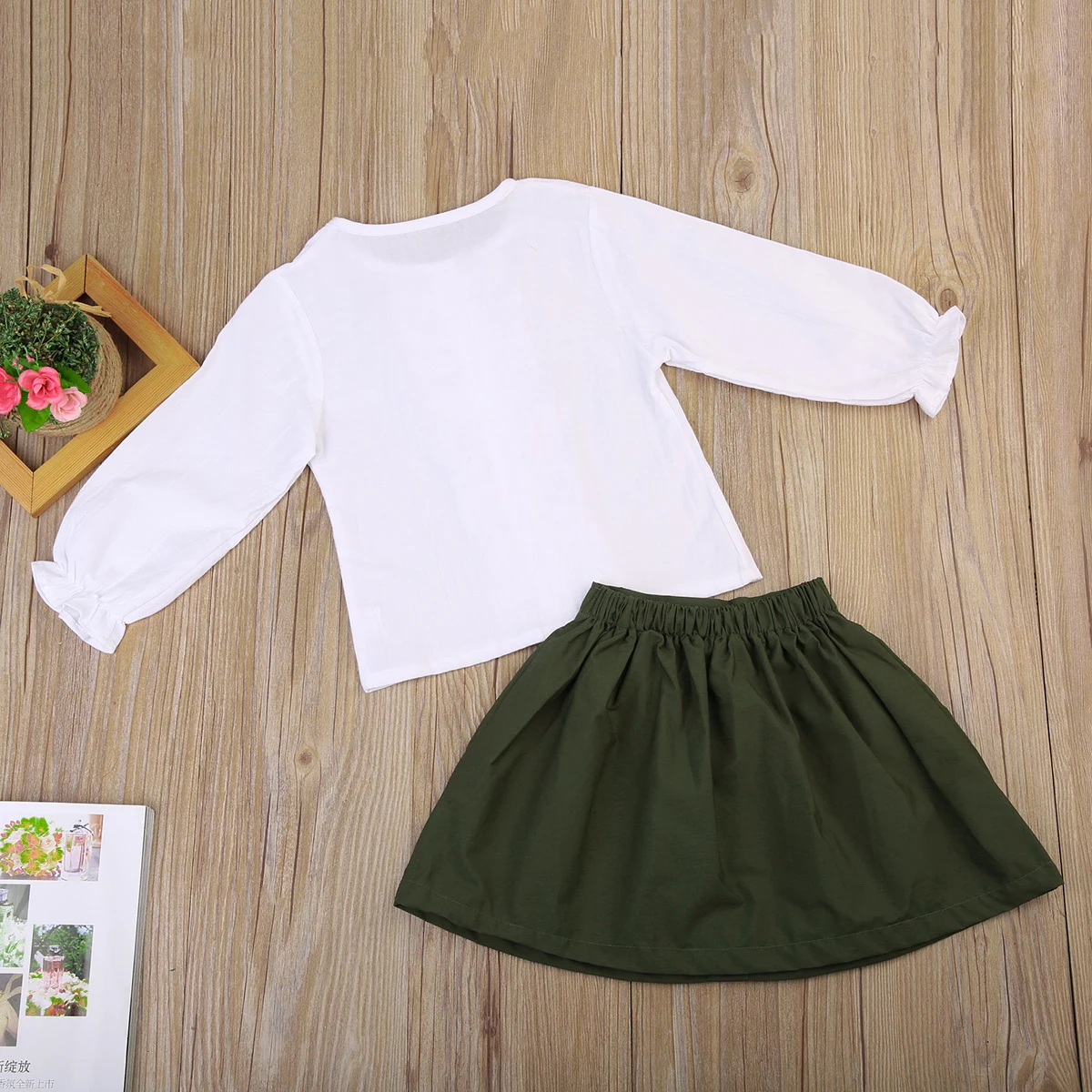 Sweet Infant Baby Girls 2017 New Tops Long Sleeve Ruffle White T-shirt Army Green Button Skirt 2pcs Outfits Clothes Set | Детская одежда
