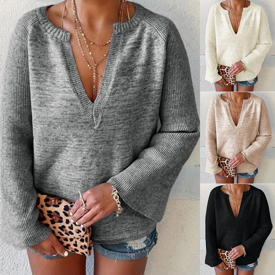

2021 autumn and winter new sweater women's v-neck flared sleeve knit sweater