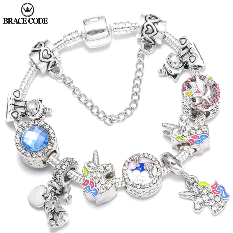 

Original Colorful Enamel Unicorn Bracelet Fine Bangle with Crystal Beads Charm Bracelet for Women DIY Fashion Jewelry
