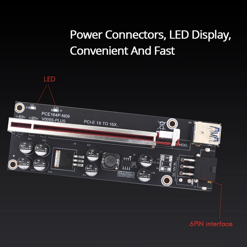 

PCI-E Adapter Card VER009S Plus PCI-E 1X to 16X 6Pin USB3.0 Graphics Extension Cable Adapter Card for BTC Mining Black